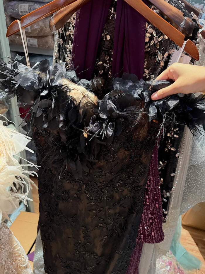 Luxury Black Floral Feather Beaded Mermaid Off Shoulder Evening Dress LA73708