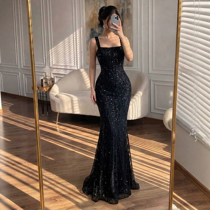 Luxury Black Square Neck Mermaid Evening Dress LA73545 SERENE HILL