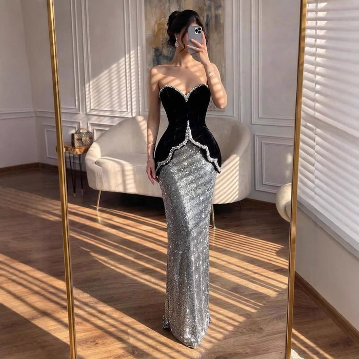 Luxury Black Strapless Beaded Mermaid Evening Dress LA73206A - SERENE  HILL
