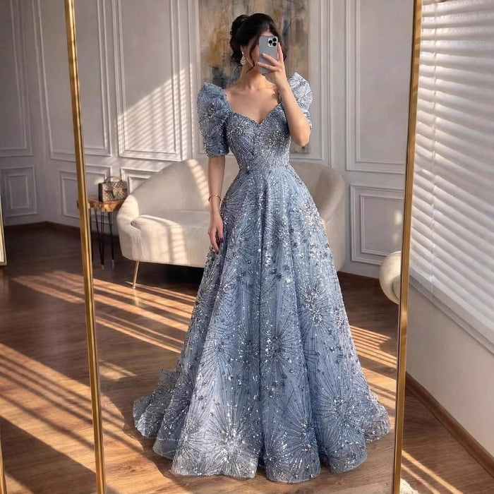 Luxury Blue Beaded A Line Evening Dress LA73675 - SERENE  HILL