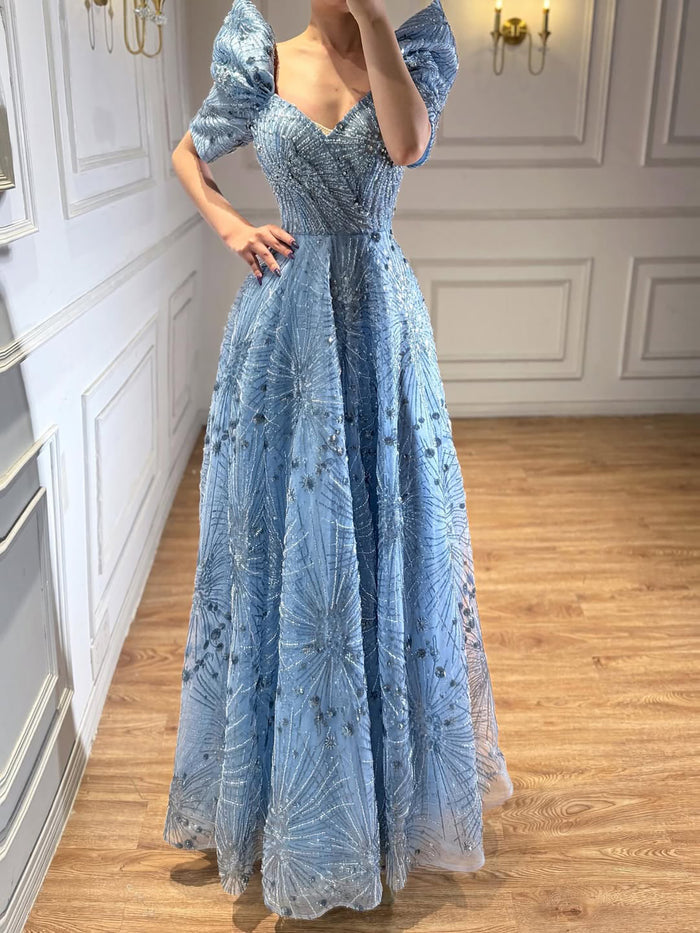 Luxury Blue Beaded A Line Evening Dress LA73675 - SERENE  HILL