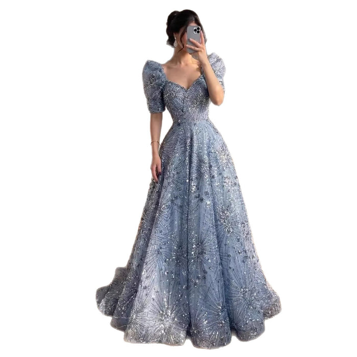 Luxury Blue Beaded A Line Evening Dress LA73675 - SERENE  HILL