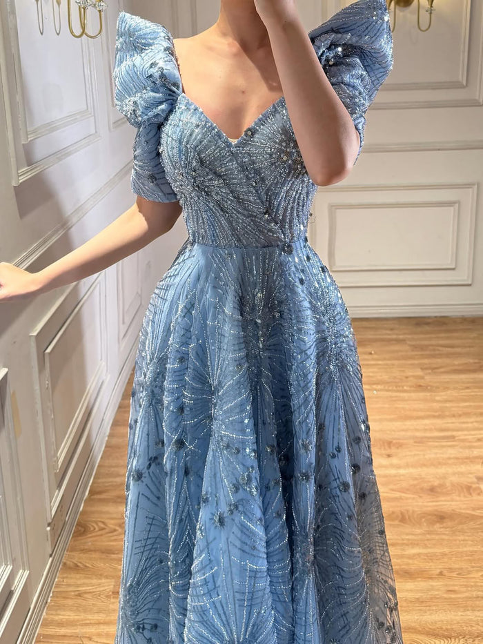 Luxury Blue Beaded A Line Evening Dress LA73675 - SERENE  HILL