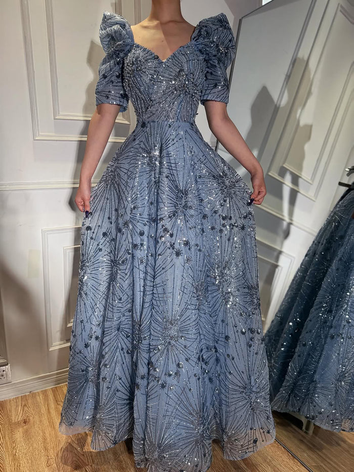 Luxury Blue Beaded A Line Evening Dress LA73675 - SERENE  HILL