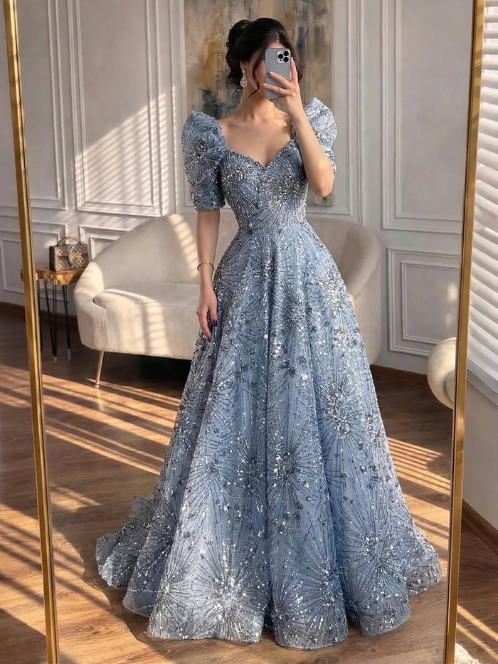 Luxury Blue Beaded A Line Evening Dress LA73675 - SERENE  HILL