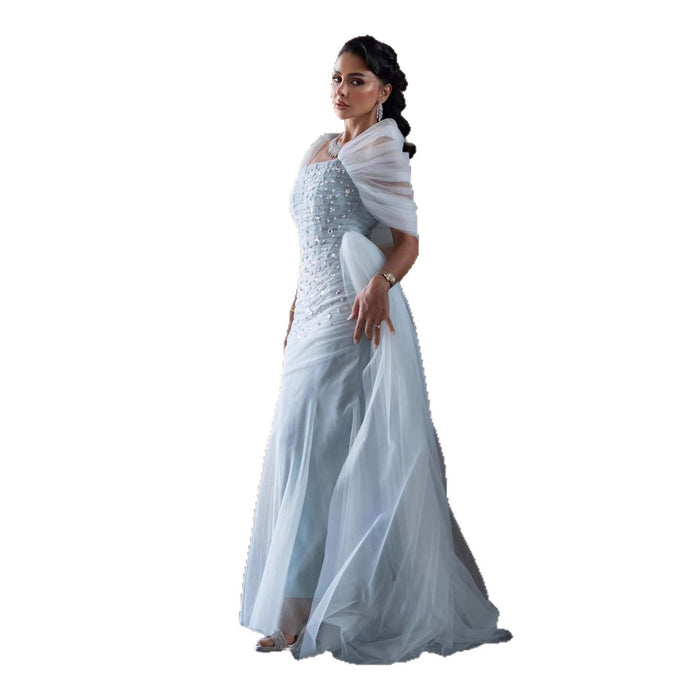 Luxury Blue Beaded Mermaid Evening Dress With Overskirt LA73664