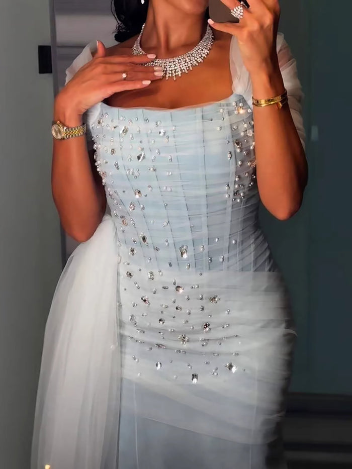 Luxury Blue Beaded Mermaid Evening Dress With Overskirt LA73664