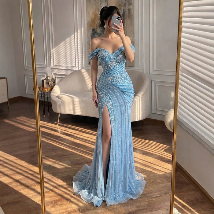 Luxury Blue Beaded Off Shoulder Mermaid Slit Dress LA73718 SERENE HILL