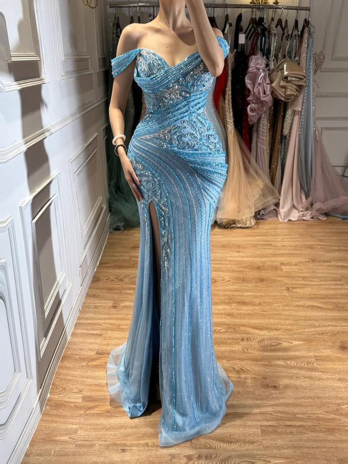 Luxury Blue Beaded Off Shoulder Mermaid Slit Dress LA73718 SERENE HILL