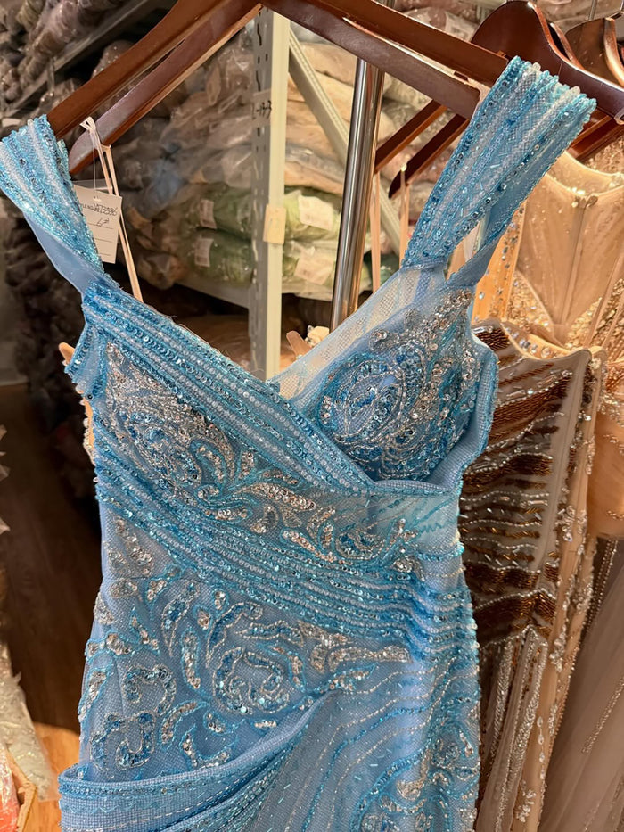 Luxury Blue Beaded Off Shoulder Mermaid Slit Dress LA73718 SERENE HILL