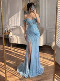 Luxury Blue Beaded Off Shoulder Mermaid Slit Dress LA73718 SERENE HILL
