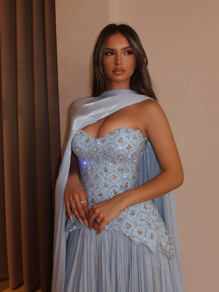Luxury Blue Crystal Beaded A Line Dress with Shawl LA73738 SERENE HILL