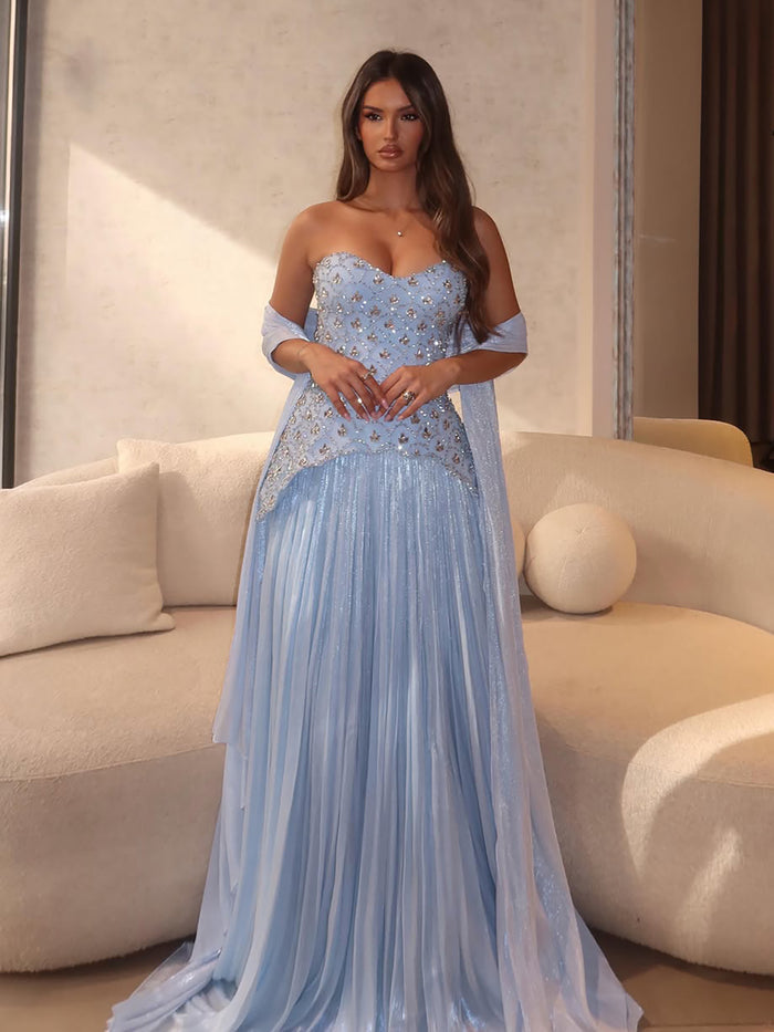Luxury Blue Crystal Beaded A Line Dress with Shawl LA73738 SERENE HILL