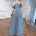 Luxury Blue Crystal Beaded A Line Evening Dress With Ruffle Sleeves LA73576