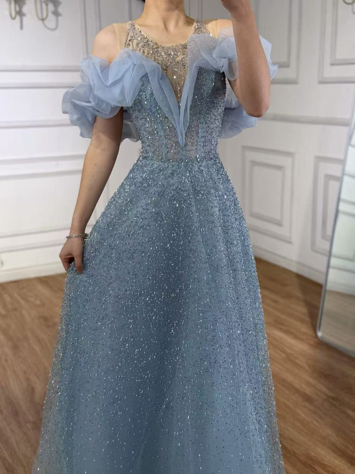 Luxury Blue Crystal Beaded A Line Evening Dress With Ruffle Sleeves LA73576