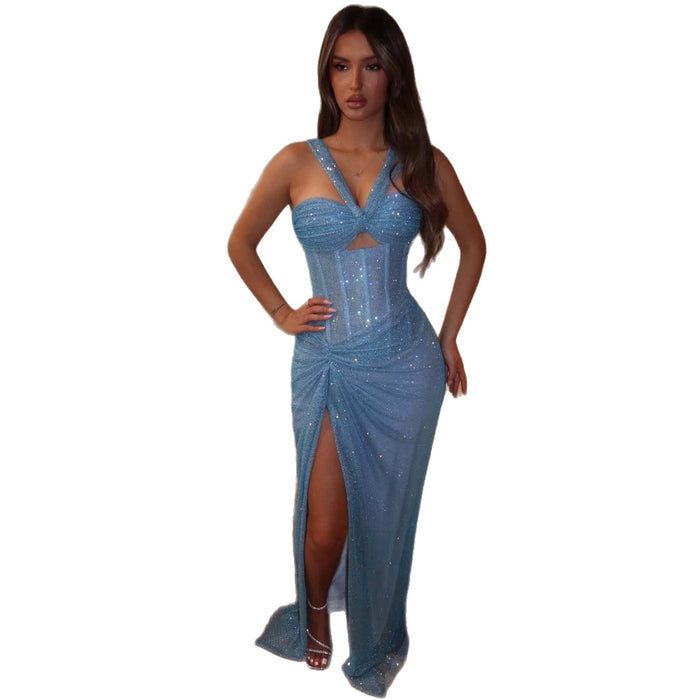 Luxury Blue Spaghetti Straps Slit Dress LA73754 SERENE HILL