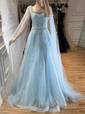 Luxury Blue Square Neck Beaded A Line Evening Gown with Cape LA73188A