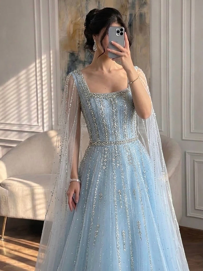 Luxury Blue Square Neck Beaded A Line Evening Gown with Cape LA73188A