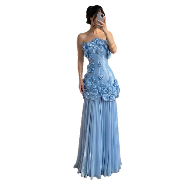Luxury Blue Strapless 3D Flower A Line Evening Dress LA73719A SERENE HILL