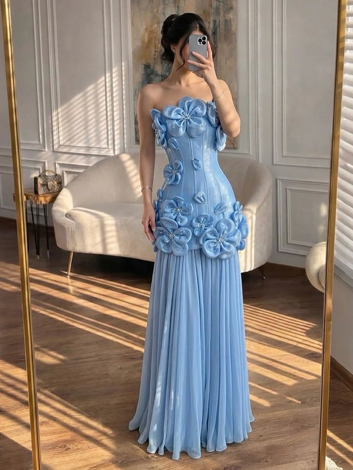 Luxury Blue Strapless 3D Flower A Line Evening Dress LA73719A SERENE HILL