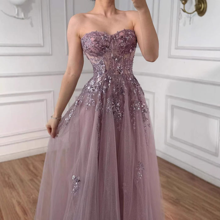 Luxury Blue Strapless Beaded A-Line Prom Dress LA73551