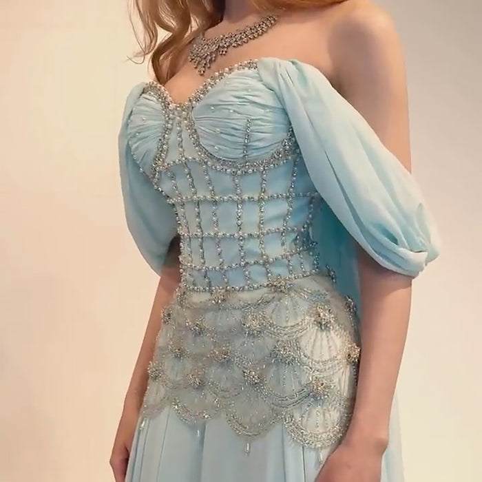 Luxury Blue Strapless Beaded Corset Evening Gown with Sleeves LA73817 SERENE HILL