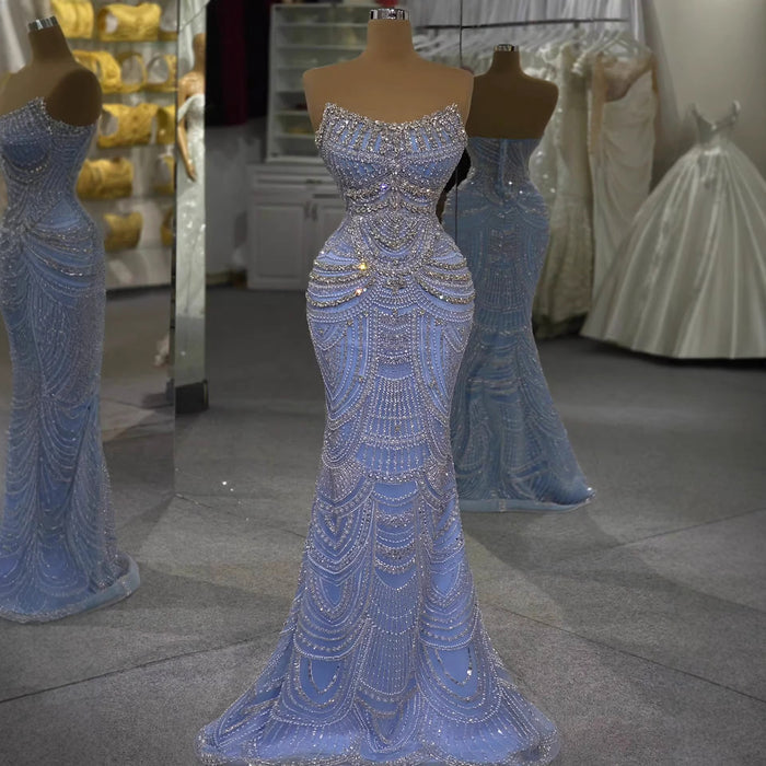Luxury Blue Strapless Crystal Beaded Mermaid Evening Dress LA73701