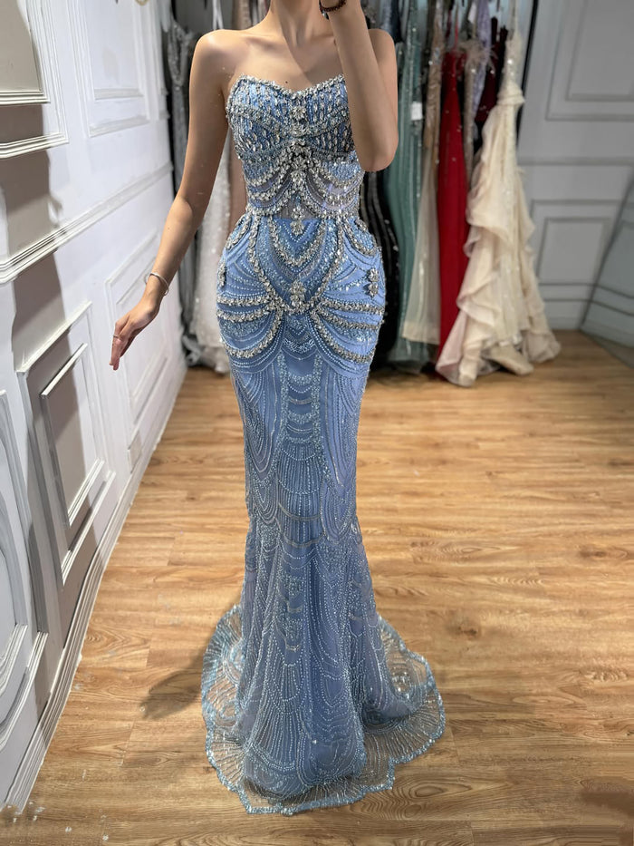 Luxury Blue Strapless Crystal Beaded Mermaid Evening Dress LA73701 SERENE HILL