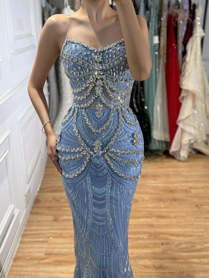Luxury Blue Strapless Crystal Beaded Mermaid Evening Dress LA73701 SERENE HILL
