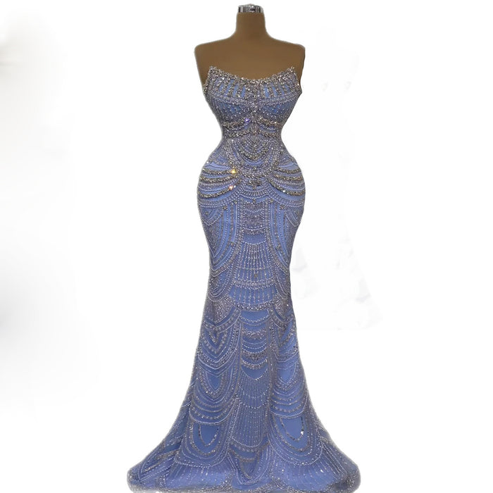 Luxury Blue Strapless Crystal Beaded Mermaid Evening Dress LA73701