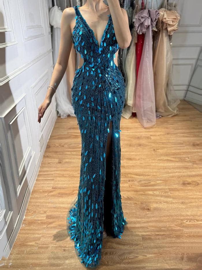 Luxury Blue V Neck Cutout Beaded Mermaid Evening Dress LA73773 SERENE HILL