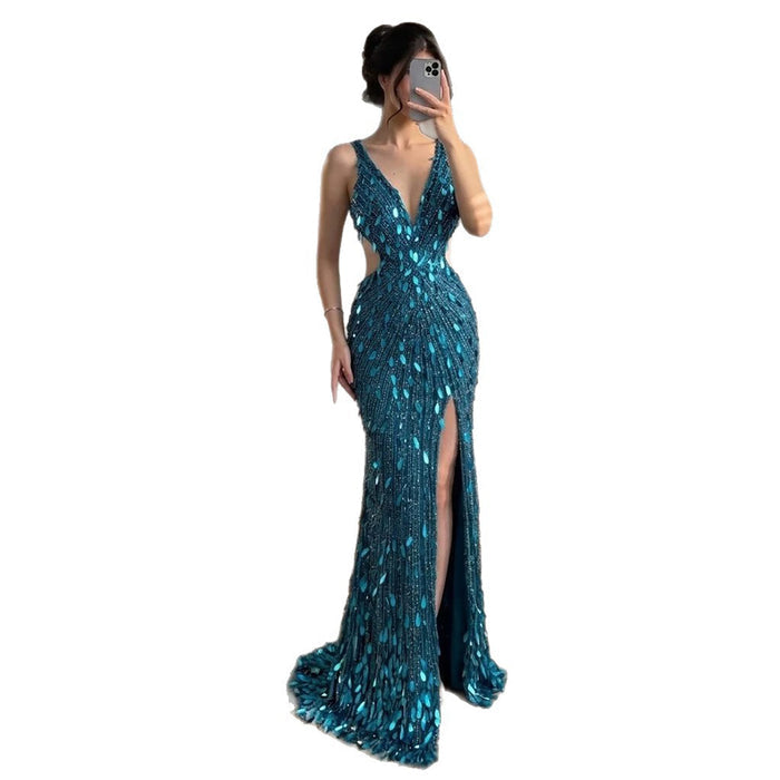 Luxury Blue V Neck Cutout Beaded Mermaid Evening Dress LA73773 SERENE HILL
