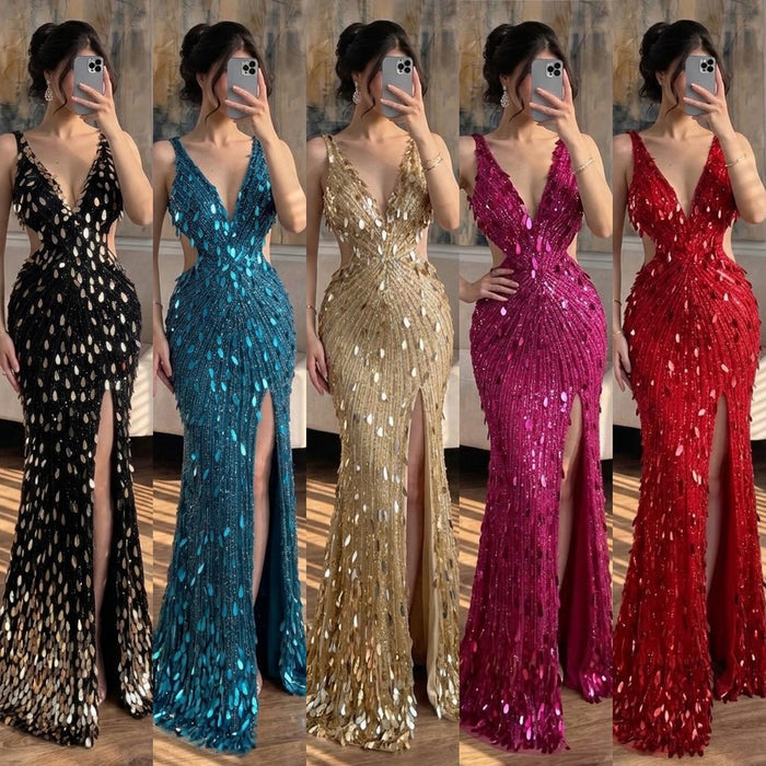 Luxury Blue V Neck Cutout Beaded Mermaid Evening Dress LA73773 SERENE HILL