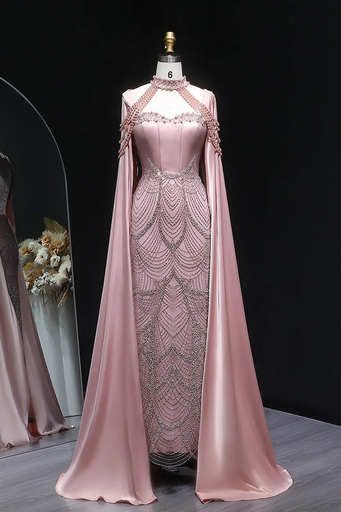 Luxury Blush Pink Beaded Mermaid Long Evening Dress with Cape SS662 Sheer Fairy