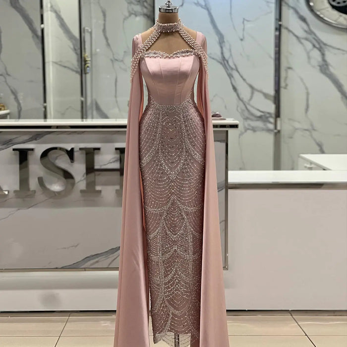 Luxury Blush Pink Beaded Mermaid Long Evening Dress with Cape SS662 Sheer Fairy