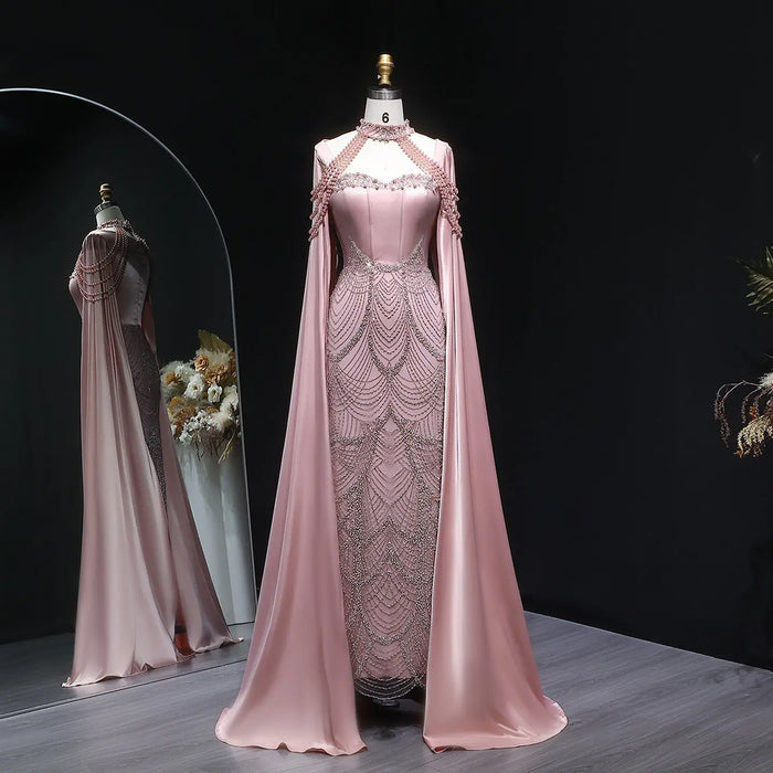 Luxury Blush Pink Beaded Mermaid Long Evening Dress with Cape SS662 Sheer Fairy