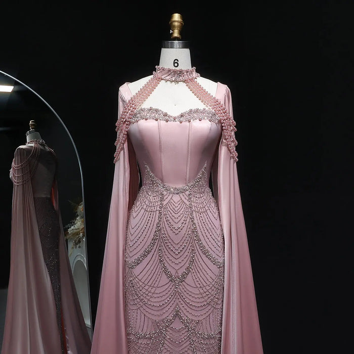 Luxury Blush Pink Beaded Mermaid Long Evening Dress with Cape SS662 Sheer Fairy