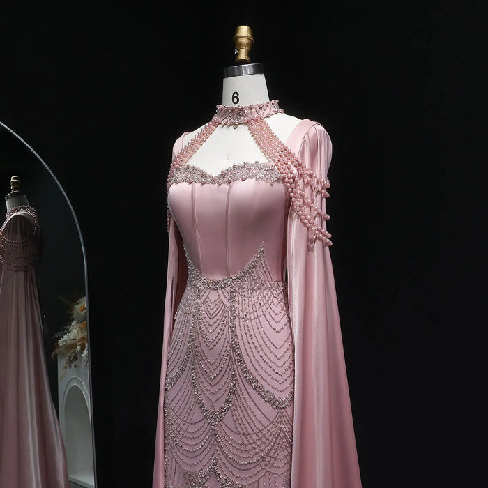 Luxury Blush Pink Beaded Mermaid Long Evening Dress with Cape SS662 Sheer Fairy