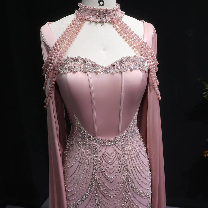 Luxury Blush Pink Beaded Mermaid Long Evening Dress with Cape SS662 Sheer Fairy