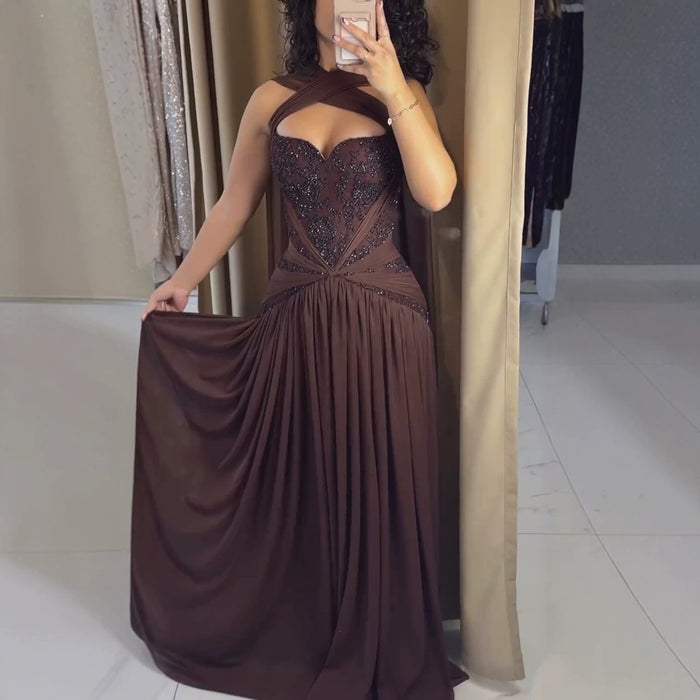 Luxury Brown Beaded A Line Evening Dress LA73717