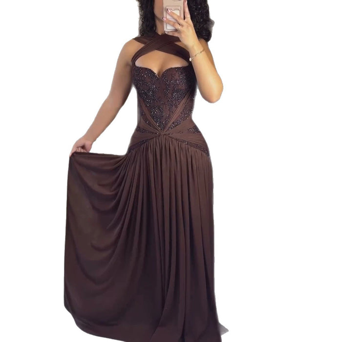 Luxury Brown Beaded A Line Evening Dress LA73717