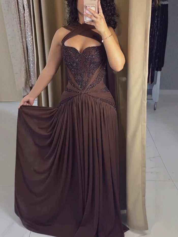 Luxury Brown Beaded A Line Evening Dress LA73717