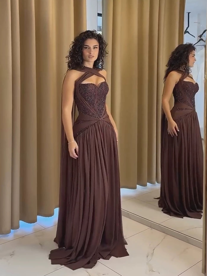 Luxury Brown Beaded A Line Evening Dress LA73717