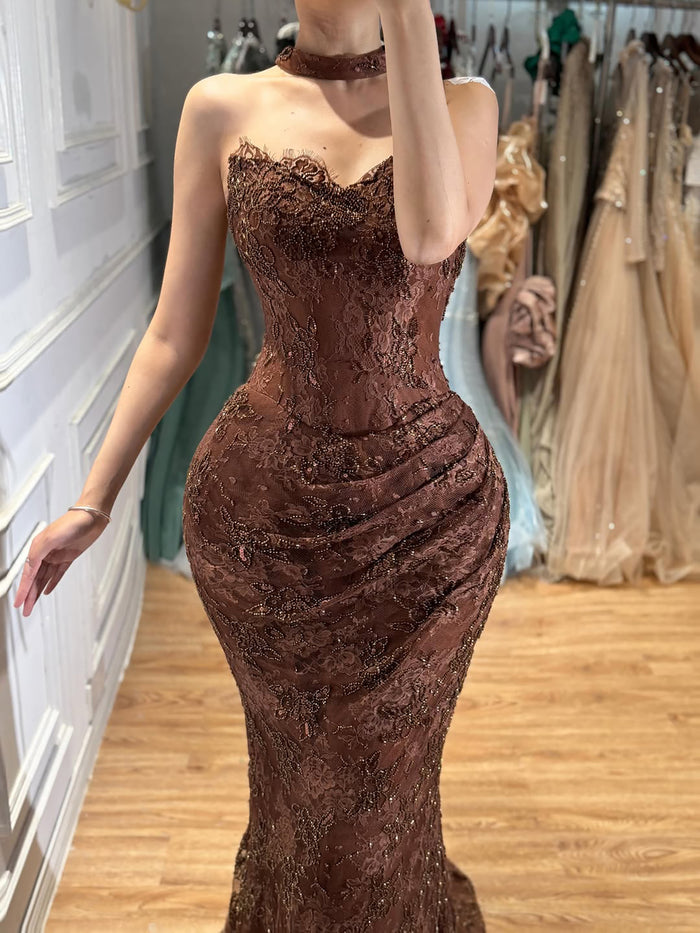 Luxury Brown Beaded Lace Mermaid Evening Dress LA73370A SERENE HILL