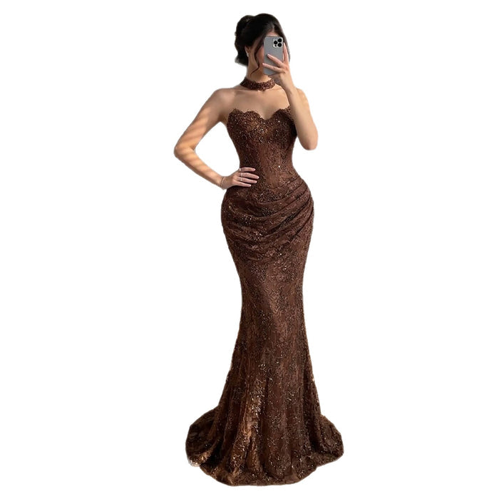 Luxury Brown Beaded Lace Mermaid Evening Dress LA73370A SERENE HILL