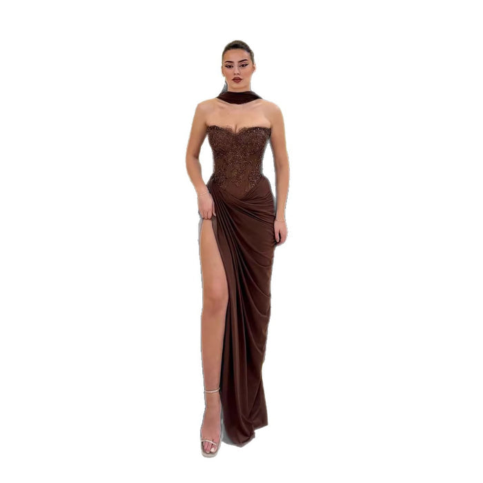 Luxury Brown Lace Beaded Strapless Mermaid Dress LA73672