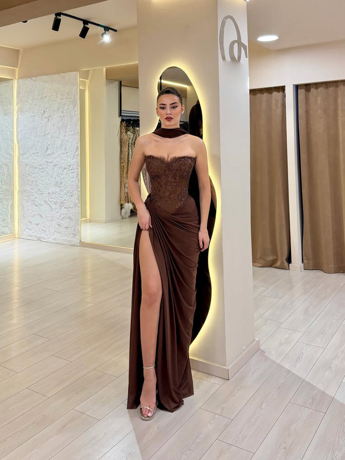 Luxury Brown Lace Beaded Strapless Mermaid Dress LA73672
