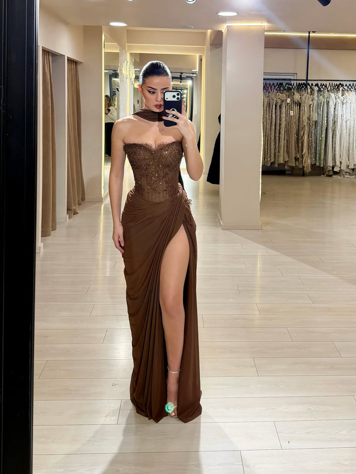 Luxury Brown Lace Beaded Strapless Mermaid Dress LA73672