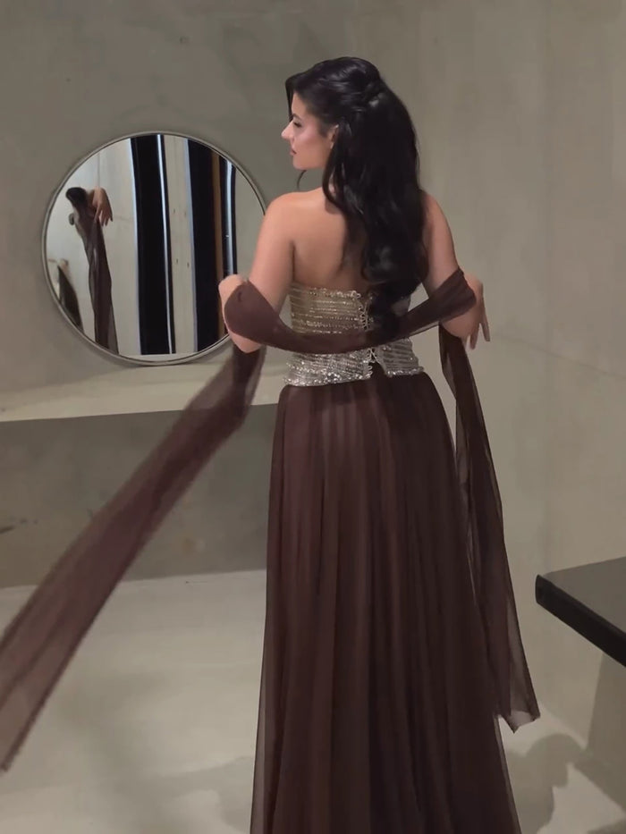 Luxury Brown Strapless Crystal Beaded Corset Evening Dress LA73809 SERENE HILL
