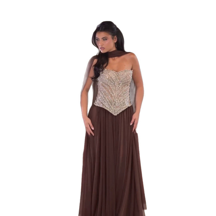 Luxury Brown Strapless Crystal Beaded Corset Evening Dress LA73809 SERENE HILL